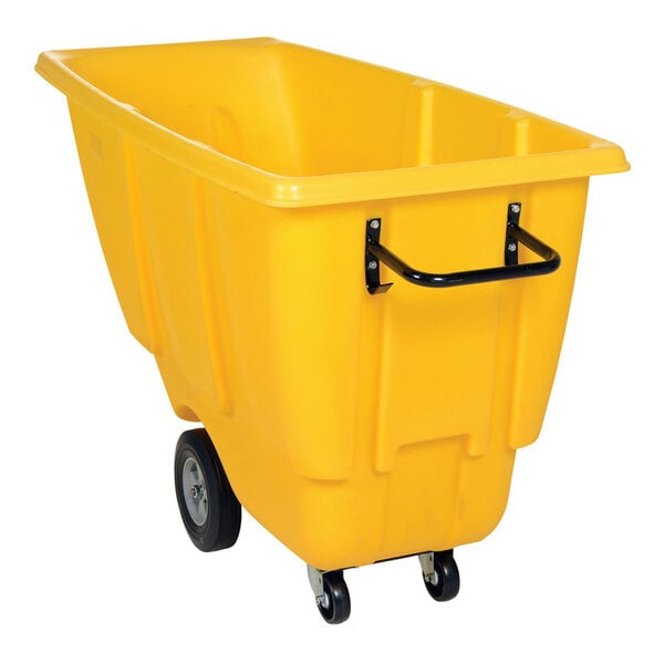 A yellow light-duty bulk tilt truck with a handle and wheels, designed for transporting materials.