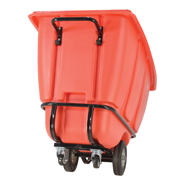 A red medium-duty bulk tilt truck with a handle and wheels, designed for transporting heavy loads.