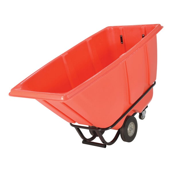 A red medium-duty bulk tilt truck with two wheels and a large open container for transporting materials.