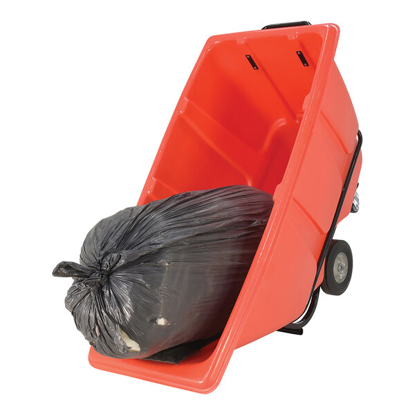 A red medium-duty bulk tilt truck with a black garbage bag inside, designed for transporting heavy loads.
