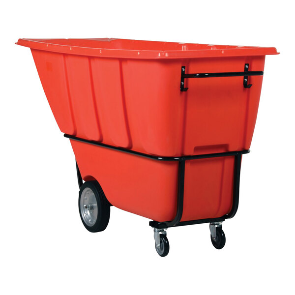 A large red heavy-duty bulk tilt truck with a 1 cubic yard capacity and four wheels, designed for transporting heavy loads.