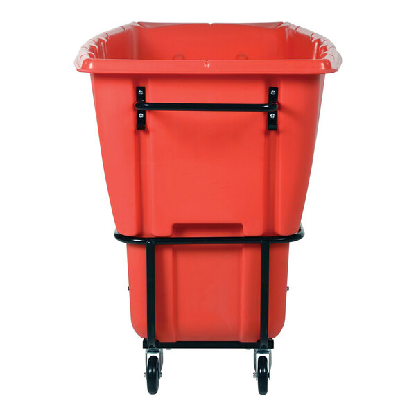 A red heavy-duty bulk tilt truck with a 1 cubic yard capacity and four wheels.