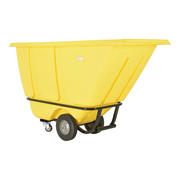 A yellow medium-duty bulk tilt truck with a 0.5 cubic yard capacity and wheels for easy transport.