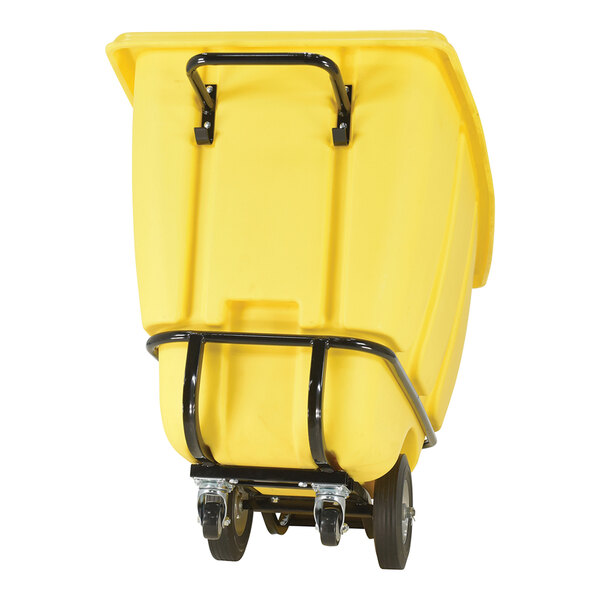A yellow medium-duty bulk tilt truck with a metal frame and wheels.