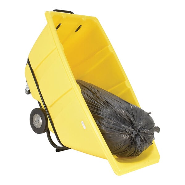 A yellow medium-duty bulk tilt truck with a black trash bag inside.