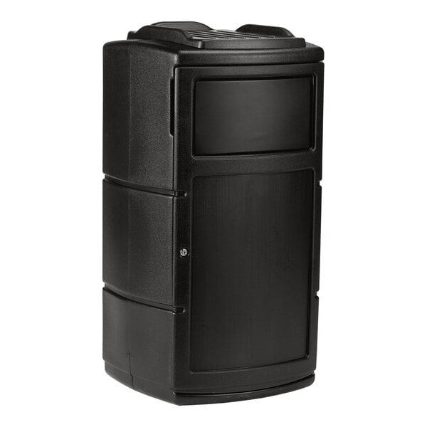 A black 25-gallon square side entry trash can with a dual-flipper dome lid and tray return.