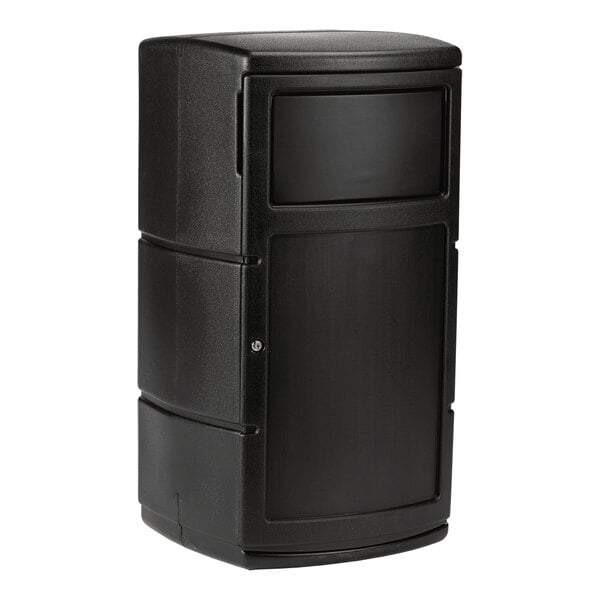 A black 25-gallon square side entry trash can with a dual-flipper dome lid.
