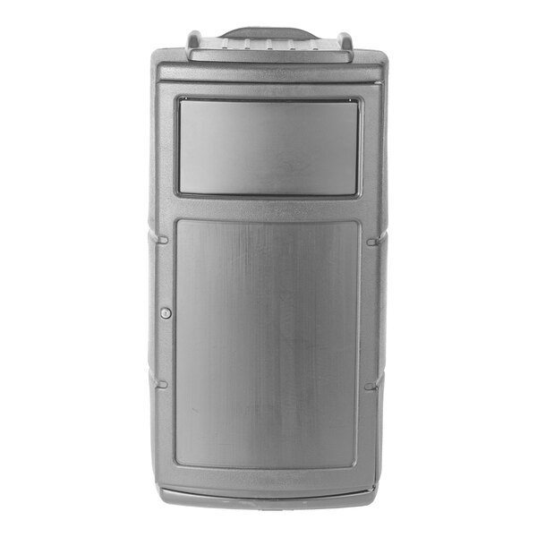 A gray 25-gallon square side entry trash can with a dual-flipper dome lid and tray return.