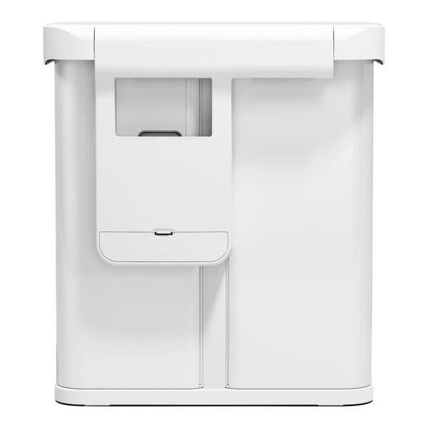 A white stainless steel dual compartment rectangular sensor trash can and recycling can with voice and motion control and a liner pocket.