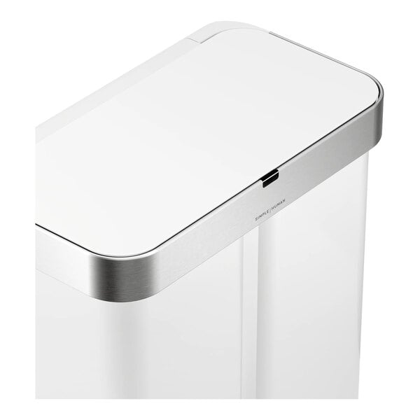 A white stainless steel dual compartment rectangular sensor trash can and recycling can with voice and motion control.