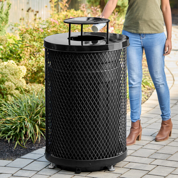 Lancaster Table & Seating 55 Gallon Heavy-Duty Round Black Expanded Steel Outdoor Trash Can with Rain Bonnet Lid