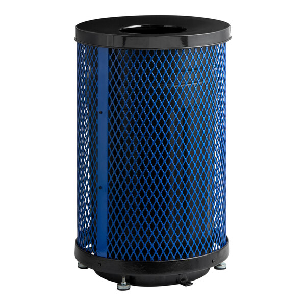 A 55-gallon heavy-duty round blue expanded steel outdoor trash can with a flat lid.