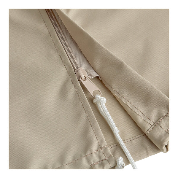 A beige polyester cantilever umbrella cover with a zipper and drawstring closure.