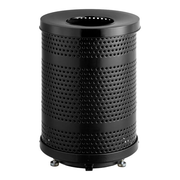 Lancaster Table & Seating 32 Gallon Heavy-Duty Round Black Steel Perforated Outdoor Trash Can with Flat Lid
