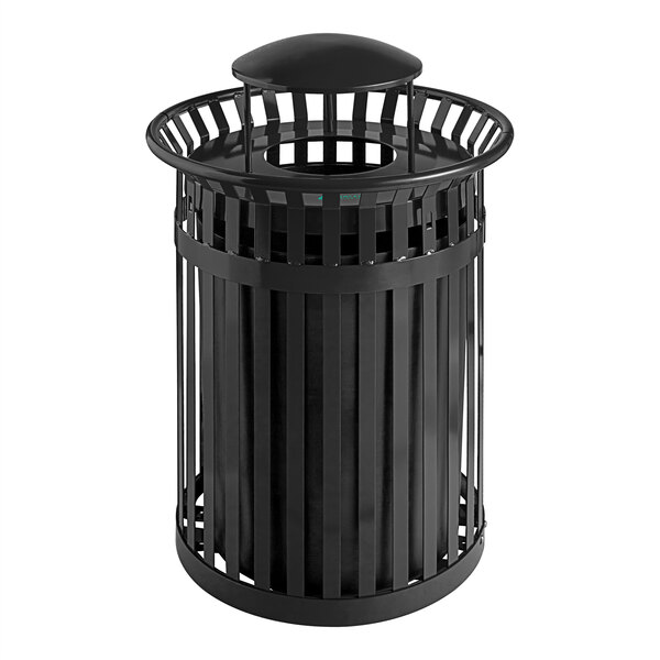 Lancaster Table & Seating 36 Gallon Heavy-Duty Round Black Steel Slatted Outdoor Trash Can with Rain Bonnet Lid