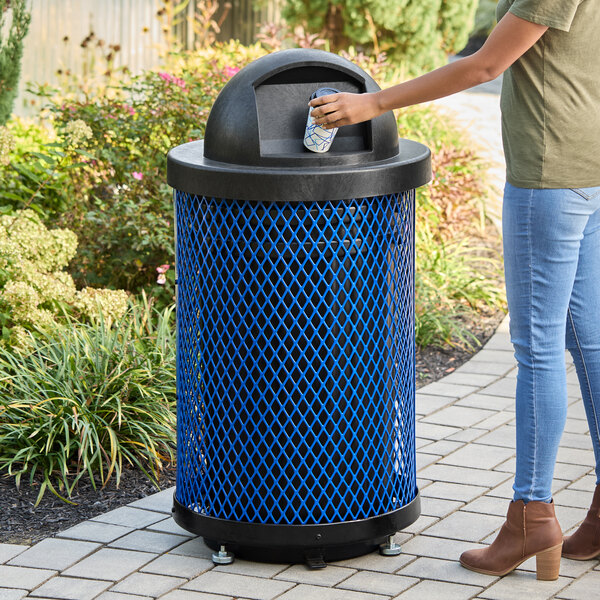 Lancaster Table & Seating 36 Gallon Heavy-Duty Round Blue Expanded Steel Outdoor Trash Can with Dome Lid
