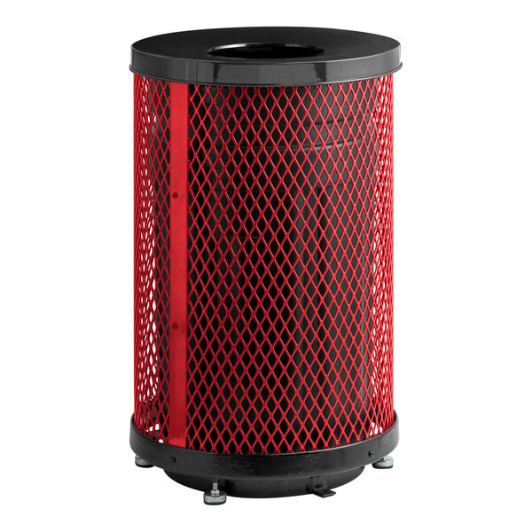 Lancaster Table & Seating 55 Gallon Heavy-Duty Round Red Expanded Steel Outdoor Trash Can with Flat Lid