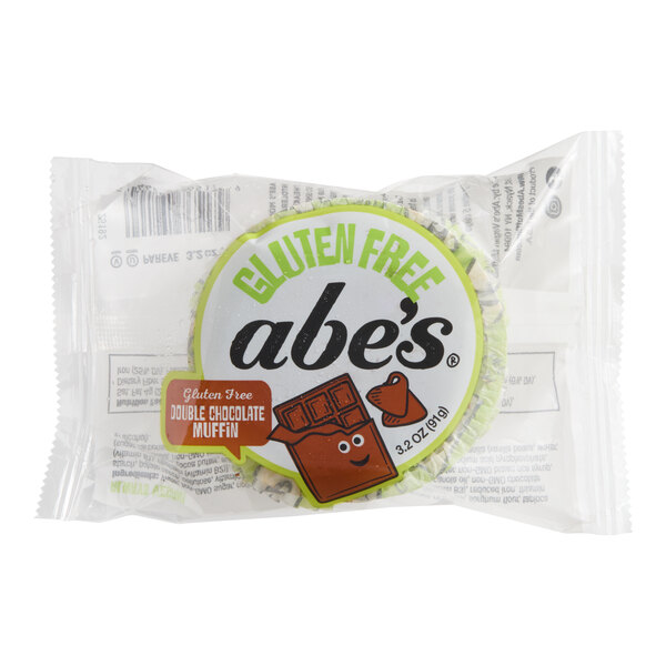 A packaged gluten free double chocolate muffin from Abe's, individually wrapped.