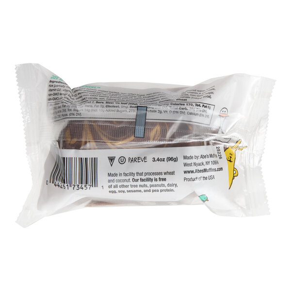 A packaged Abe's Vegan Mini Banana Pound Cake weighing 3.4 oz.