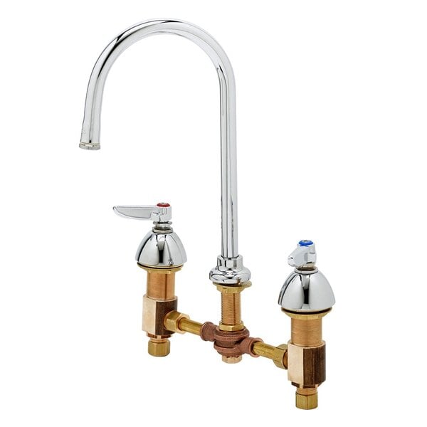 A chrome T&S deck mount faucet with 8" adjustable centers, a gooseneck spout, and two brass levers.