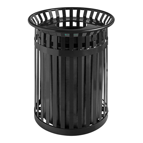 Lancaster Table & Seating 36 Gallon Heavy-Duty Round Black Steel Slatted Outdoor Trash Can with Top Access Hole