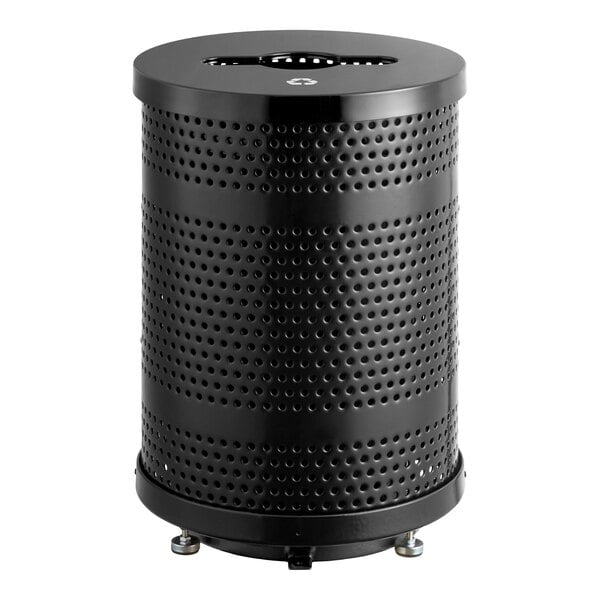 Lancaster Table & Seating 32 Gallon Heavy-Duty Round Black Steel Perforated Outdoor Trash Can with Recycle Lid