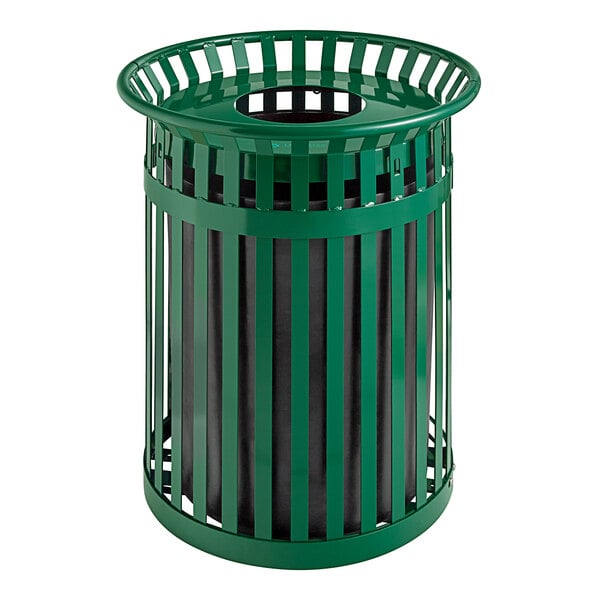 A heavy-duty round green steel slatted outdoor trash can with a flat lid.
