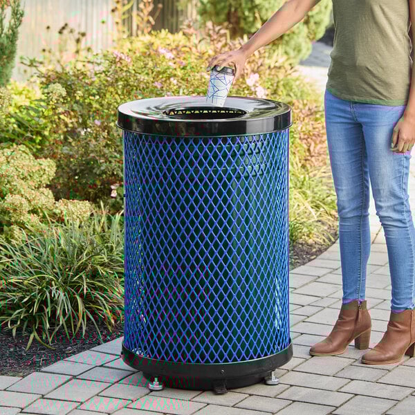 Lancaster Table & Seating 36 Gallon Heavy-Duty Round Blue Expanded Steel Outdoor Trash Can with Flat Lid