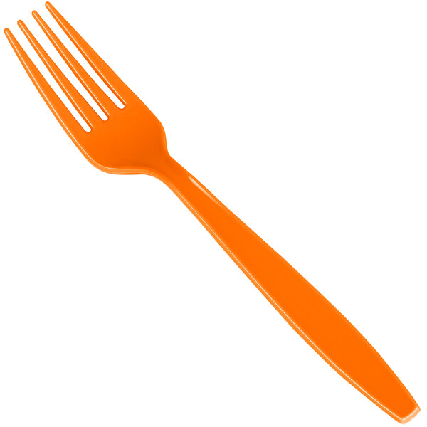 A heavy weight plastic fork in a bright sunkissed orange color.