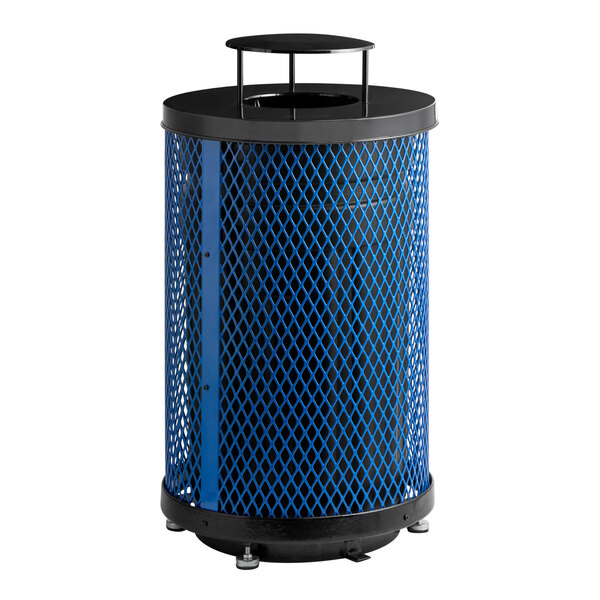 A large blue round outdoor trash can with a rain bonnet lid made of heavy-duty expanded steel.