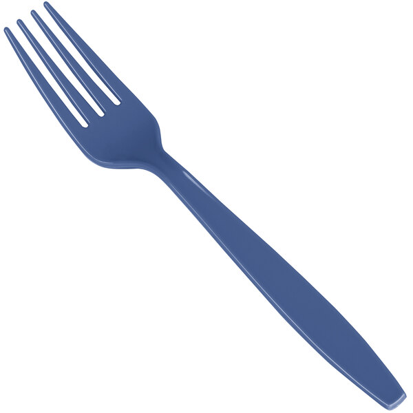 A navy blue heavy weight plastic fork.