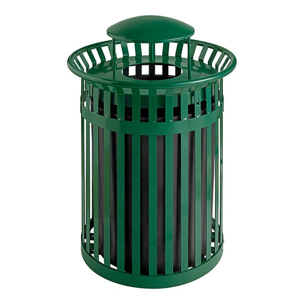 A green steel slatted outdoor trash can with a rain bonnet lid.