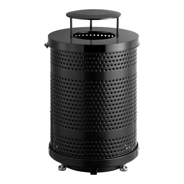 Lancaster Table & Seating 32 Gallon Heavy-Duty Round Black Steel Perforated Outdoor Trash Can with Rain Bonnet Lid