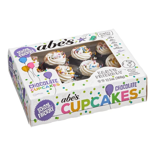 A box of Abe's vegan chocolate mini cupcakes with white frosting and sprinkles, containing 12 cupcakes.