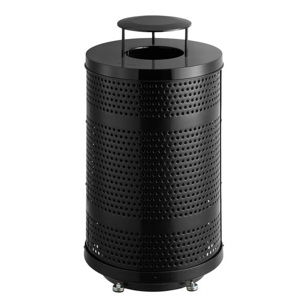 Lancaster Table & Seating 55 Gallon Heavy-Duty Round Black Steel Perforated Outdoor Trash Can with Rain Bonnet Lid