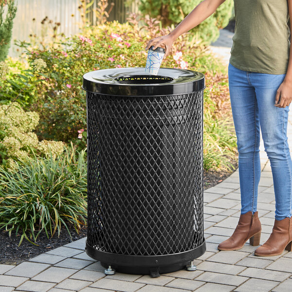 Lancaster Table & Seating 36 Gallon Heavy-Duty Round Black Expanded Steel Outdoor Trash Can with Flat Lid