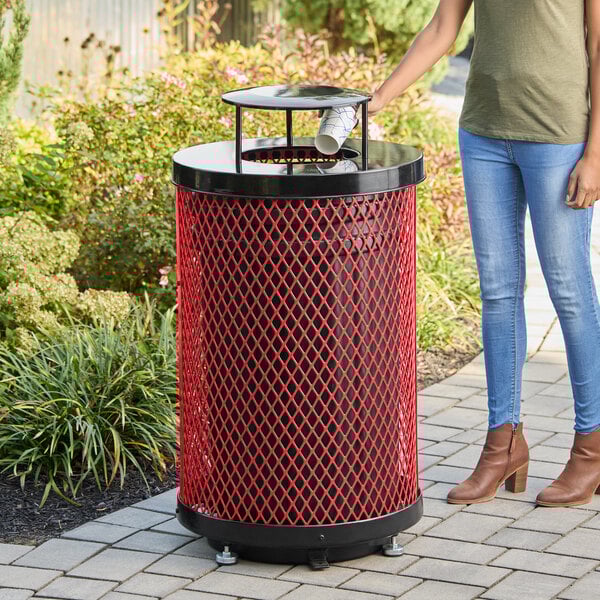 Lancaster Table & Seating 36 Gallon Heavy-Duty Round Red Expanded Steel Outdoor Trash Can with Rain Bonnet Lid