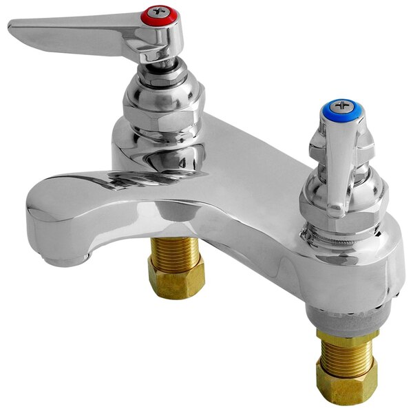 A T&S chrome deck mount faucet with two handles.