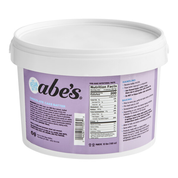 A 10-pound tub of Abe's vegan chocolate cake batter.