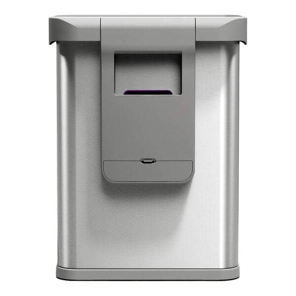 A brushed stainless steel rectangular sensor trash can with voice and motion control and a liner pocket.