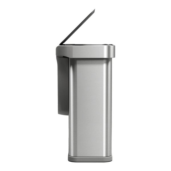 A brushed stainless steel rectangular sensor trash can with a partially open lid, featuring voice and motion control.