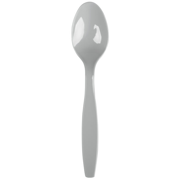A shimmering silver heavy weight plastic spoon.
