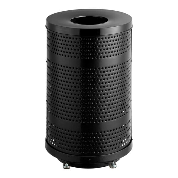 Lancaster Table & Seating 55 Gallon Heavy-Duty Round Black Steel Perforated Outdoor Trash Can with Flat Lid