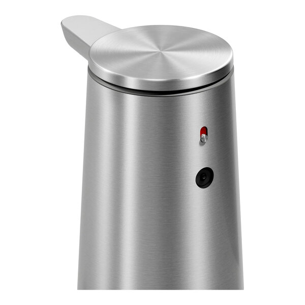 A brushed stainless steel foam sensor pump with a refillable cartridge and sample pouch.