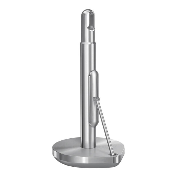 A brushed stainless steel tension arm paper towel holder.