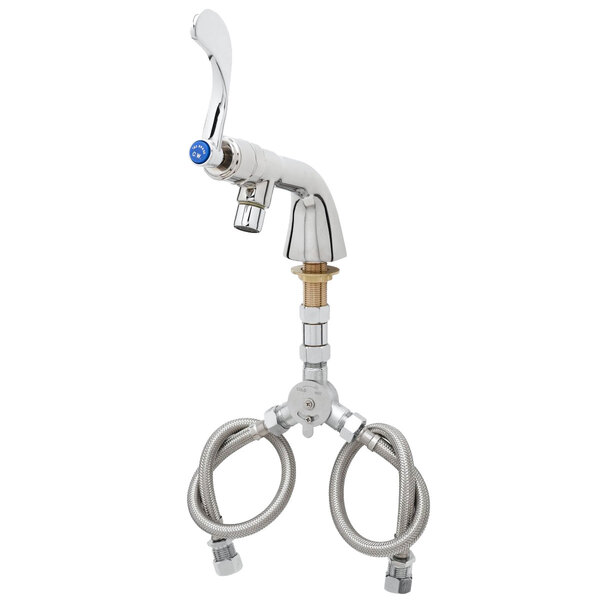 A T&S chrome deck-mounted faucet with flex inlets and wrist action handles.