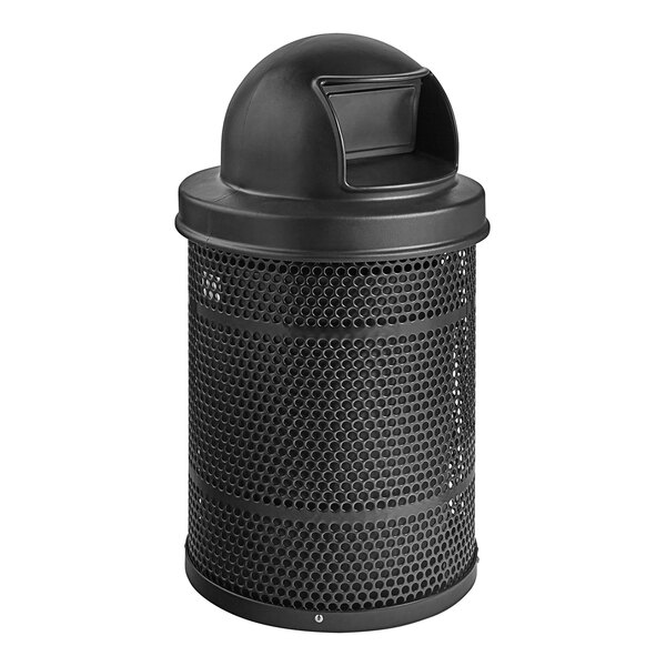 A round black steel perforated outdoor trash can with a plastic dome lid.