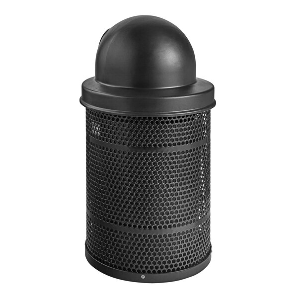 A round black steel perforated outdoor trash can with a plastic dome lid.