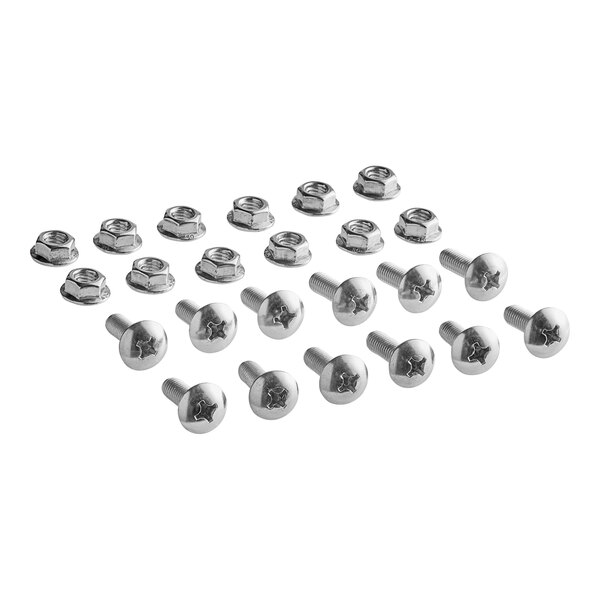 A set of metal screws and hex nuts arranged in rows on a white background.
