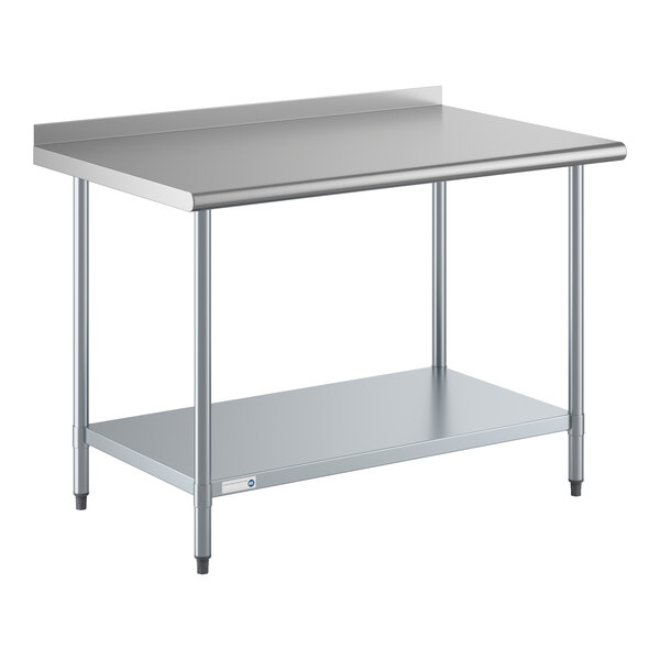 A stainless steel work table with an undershelf and a 2-inch backsplash.